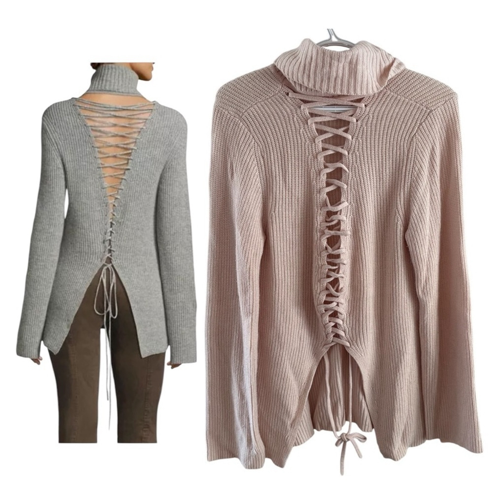 A.L.C. Lace-Up Back Ribbed Turtleneck Sweater in Blush Pink
